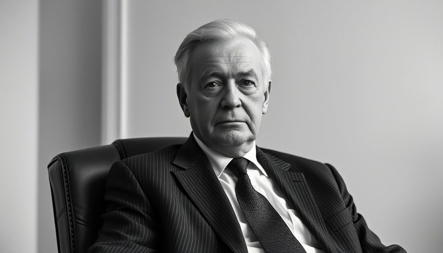 Distinguished older man in a suit, serious expression, seated indoors.