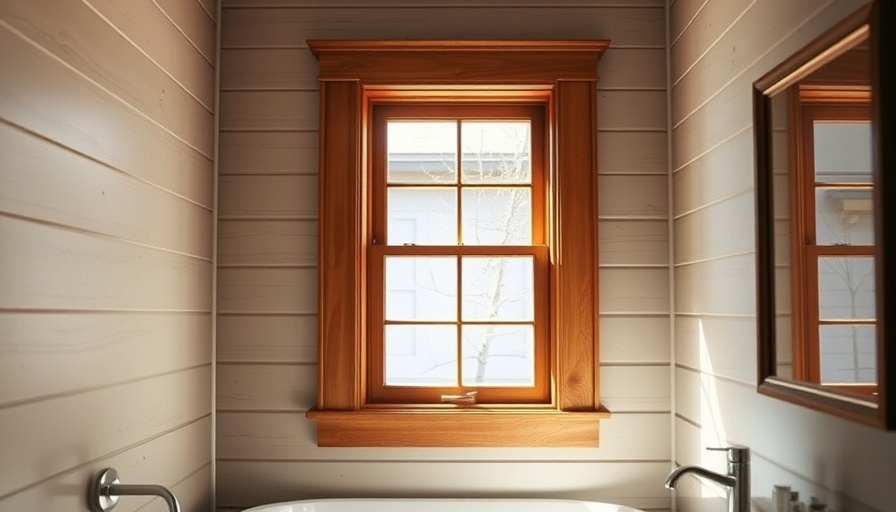 Classic wooden-framed window with light in a serene bathroom setting.