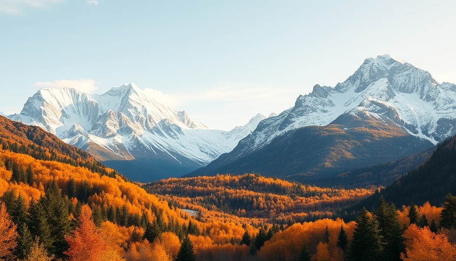 Majestic mountains and autumn forest landscape; mountains provide resources and need protection.