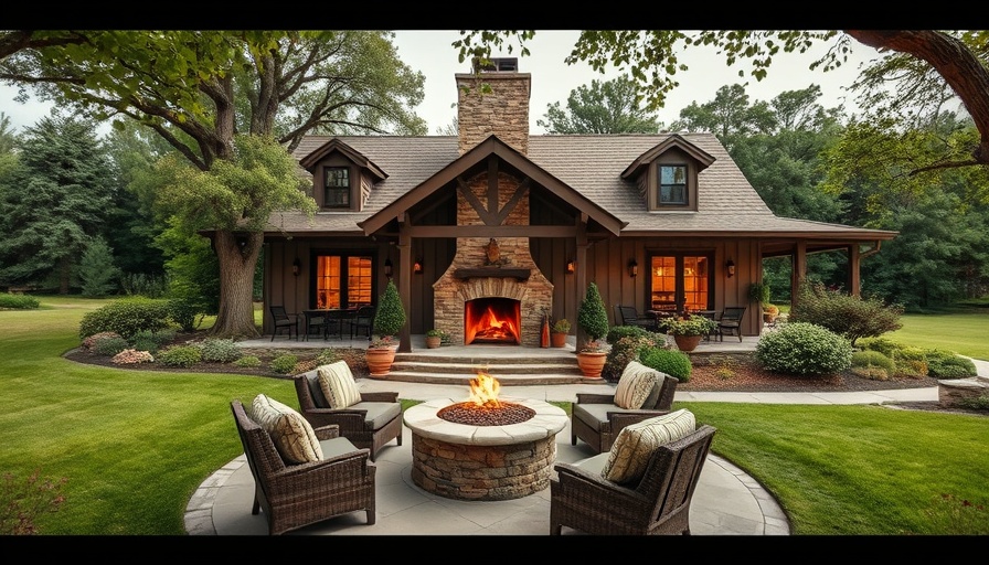Renovated country home with outdoor fireplace and lush garden.