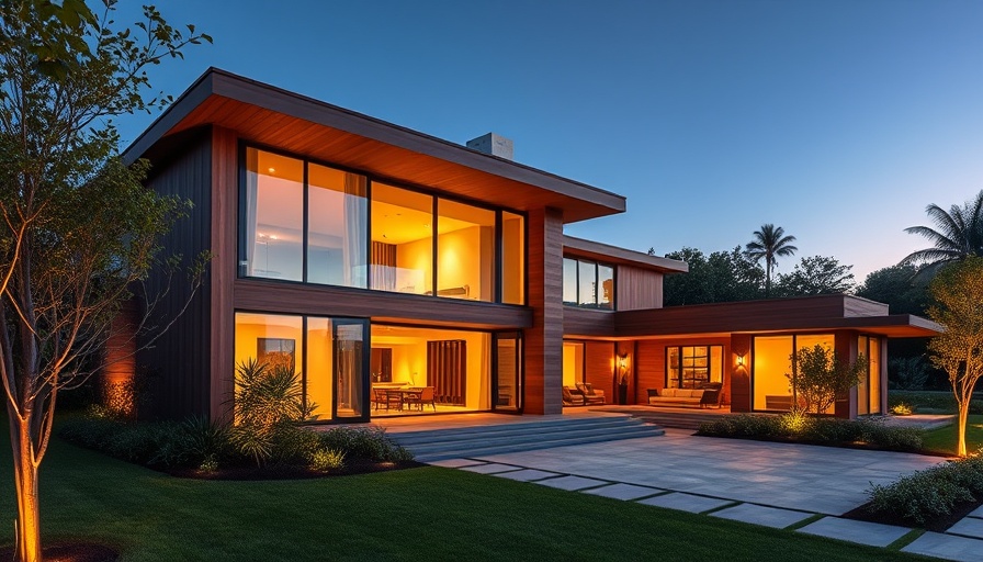 Modern California home at dusk with wooden paneling and glowing windows