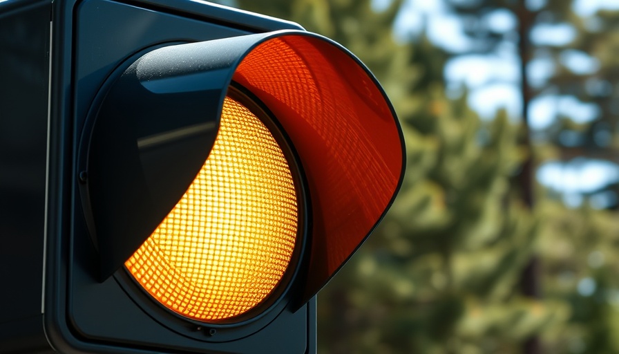 Traffic light with yellow light on, forest background.