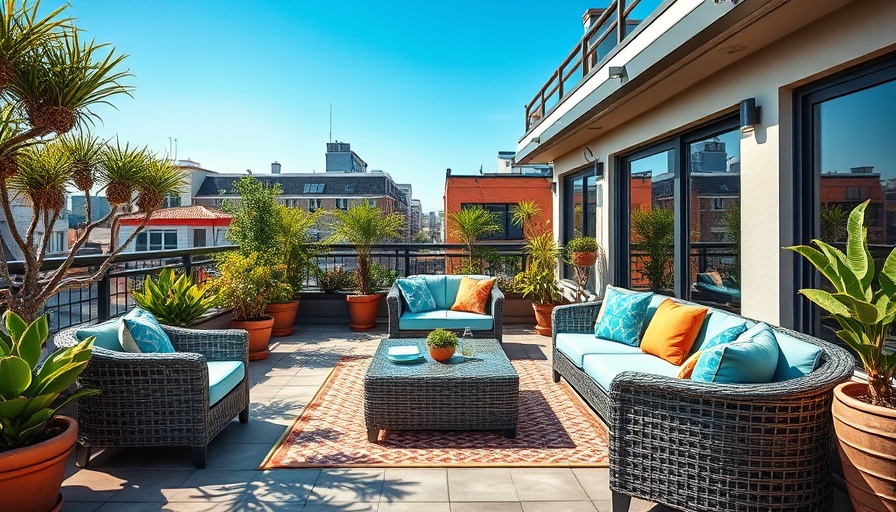 Chic rooftop patio for summer enjoyment with stylish furniture and greenery.