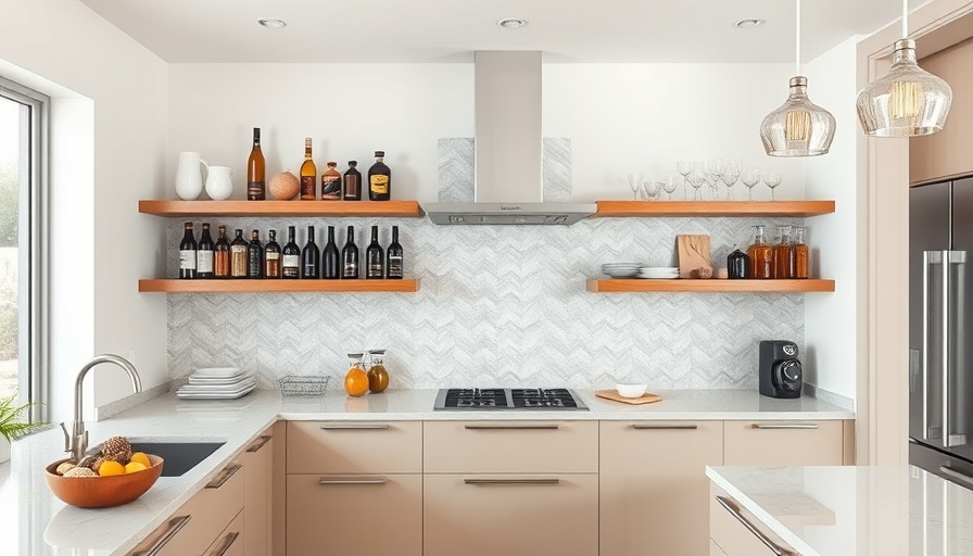 Sleek modern California homes kitchen with open shelves and decor.