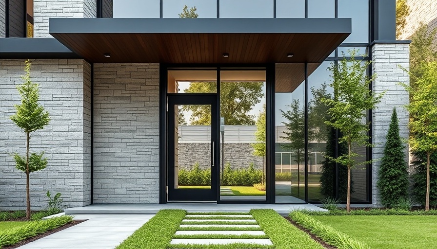 Warm contemporary style house entrance with stone and glass.