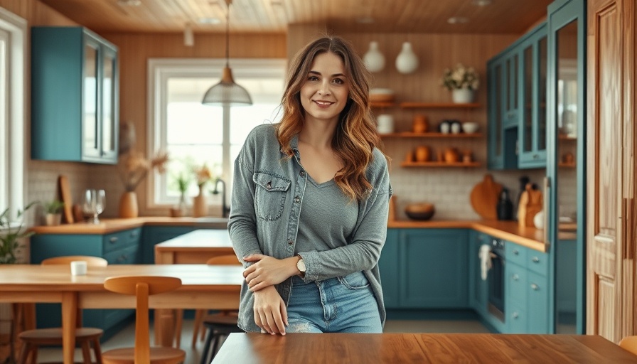 Casual woman in modern Scandinavian interior, vibrant table setting.
