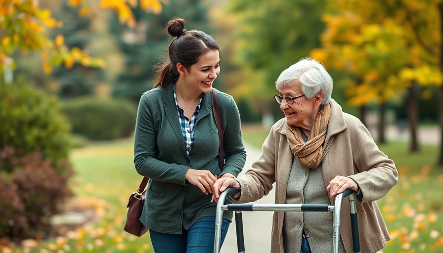 Caring young caregiver helps elderly woman in park - when to start home care assistance.