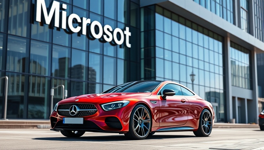 Futuristic red Mercedes near Microsoft, highlighting Microsoft Teams in cars.