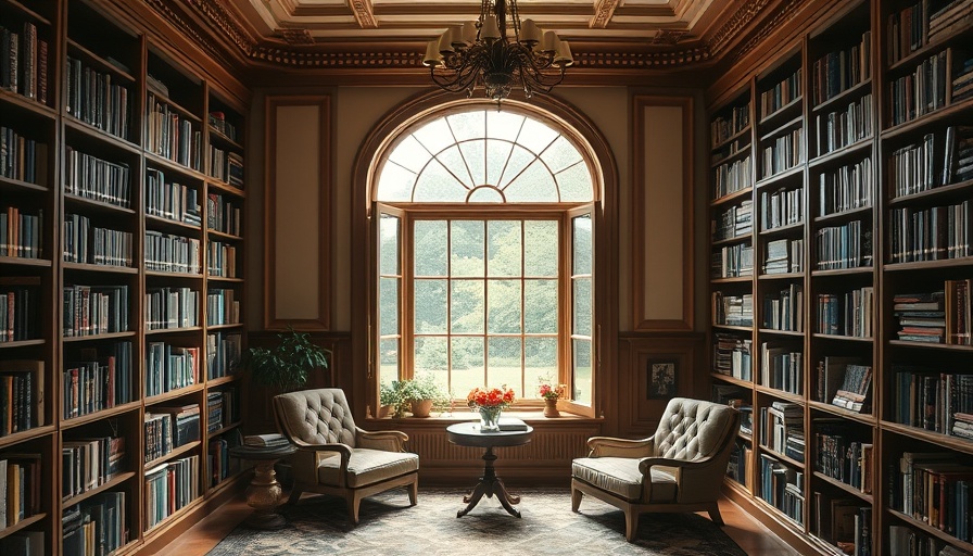 Elegant home library with cozy reading nook and bay window view.