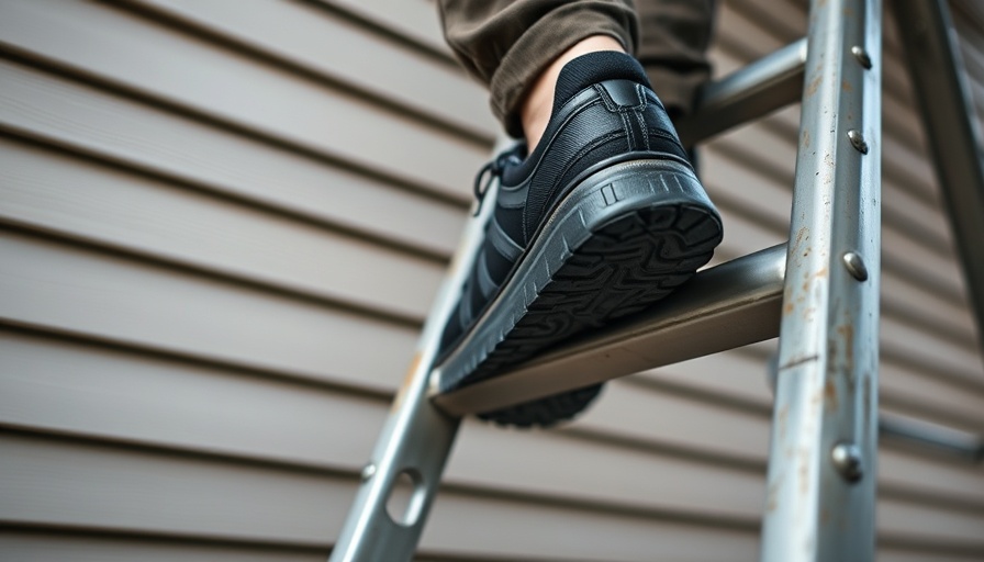 Close-up of feet in black shoes on a ladder for age and ladder safety.