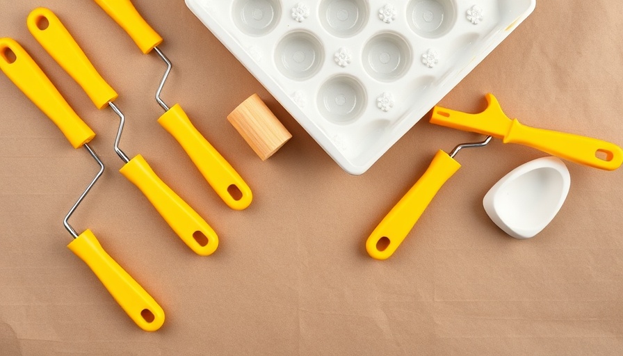 Assorted painting tools in a tray highlighting a painters tape roller hack.
