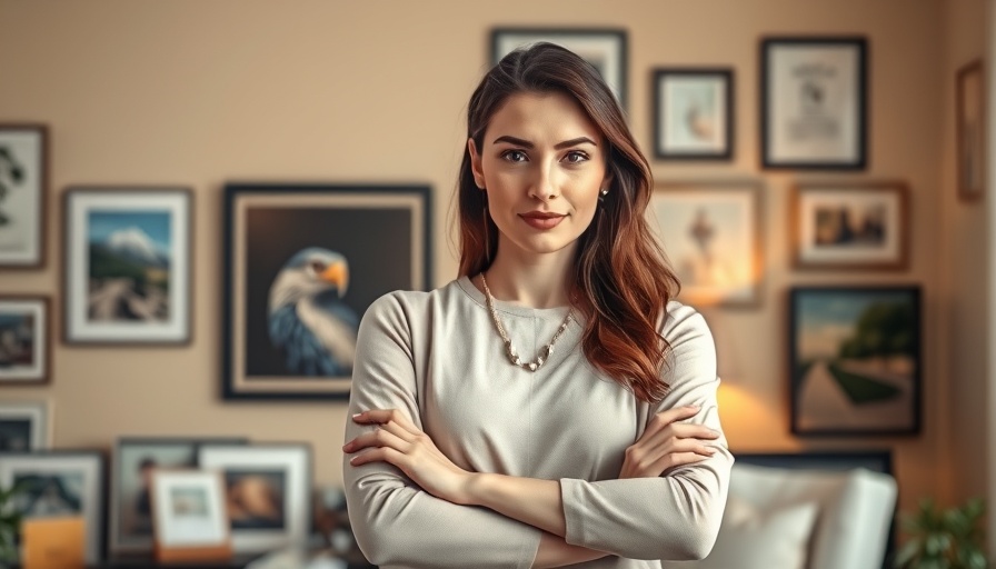 Confident woman in home office with framed art and certificates.
