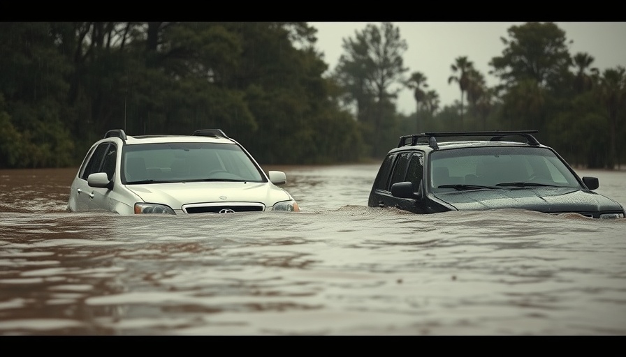 Flash flood aftermath with submerged vehicles near trees.