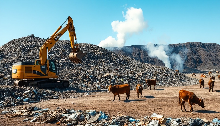 Methane emissions California: landfill with machinery and cows.