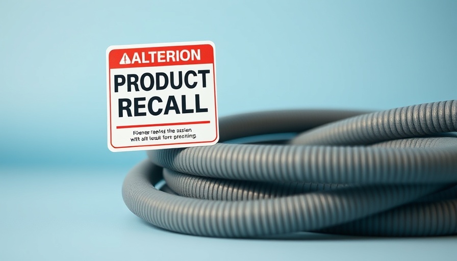Recalled garden hose with product recall notice on blue background