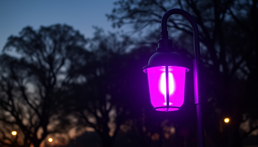 Purple streetlight glowing at dusk in California with tree silhouette.
