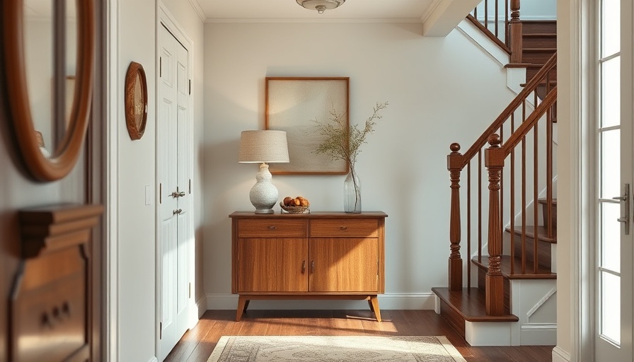Chic front entry with wooden cabinet and staircase.