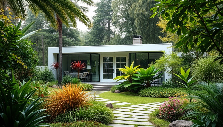 Modern California home with lush garden and stone path