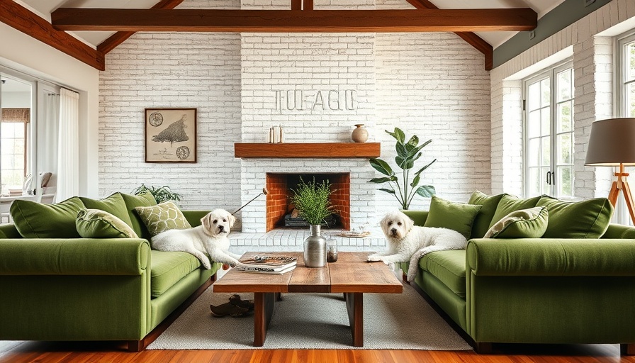 Modern living room with cozy decor and pets.