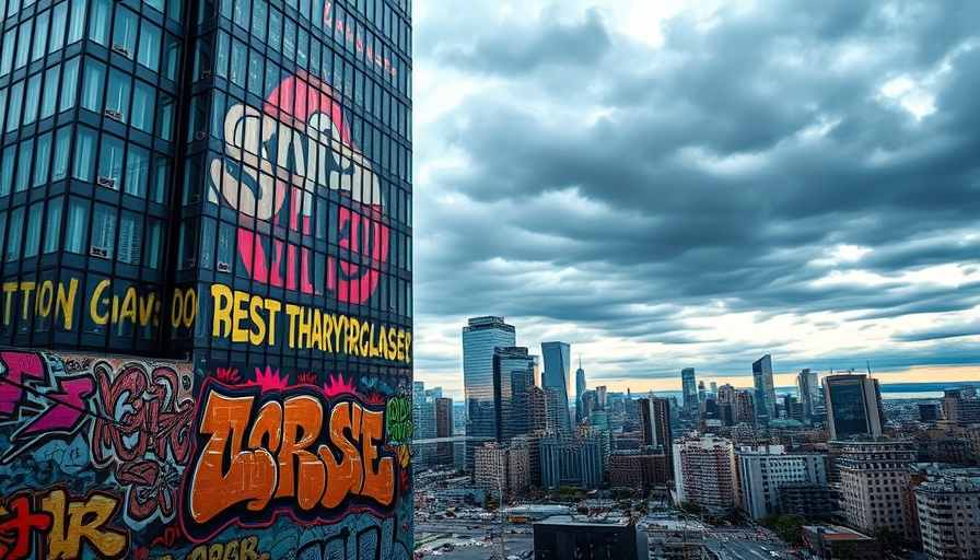 Graffiti on skyscraper in downtown Los Angeles with city reflections.