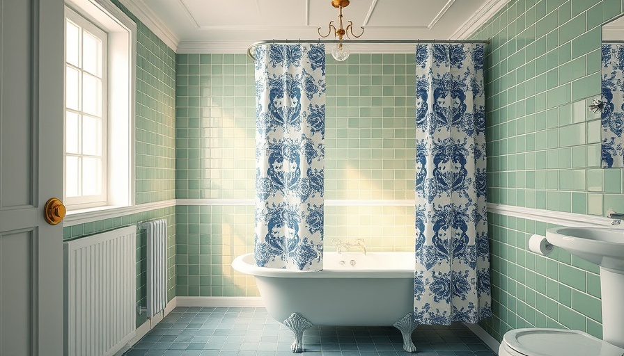Elegant bathroom showing stylish shower curtain and tile pairings.