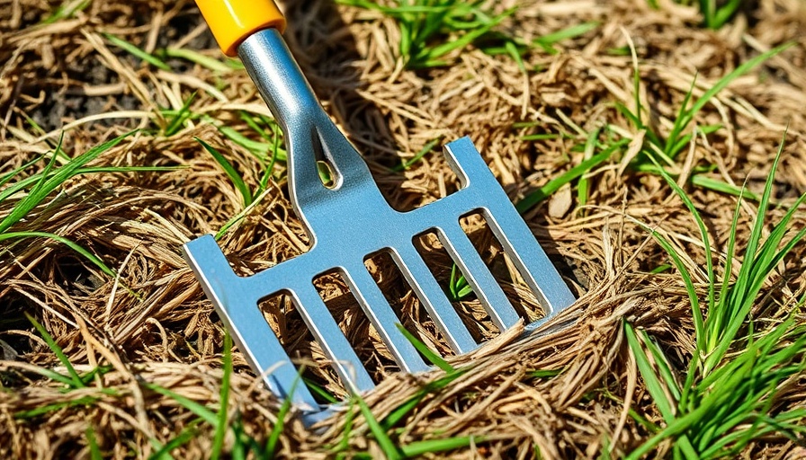 Close-up of dethatching rake on grass, how to dethatch a lawn.