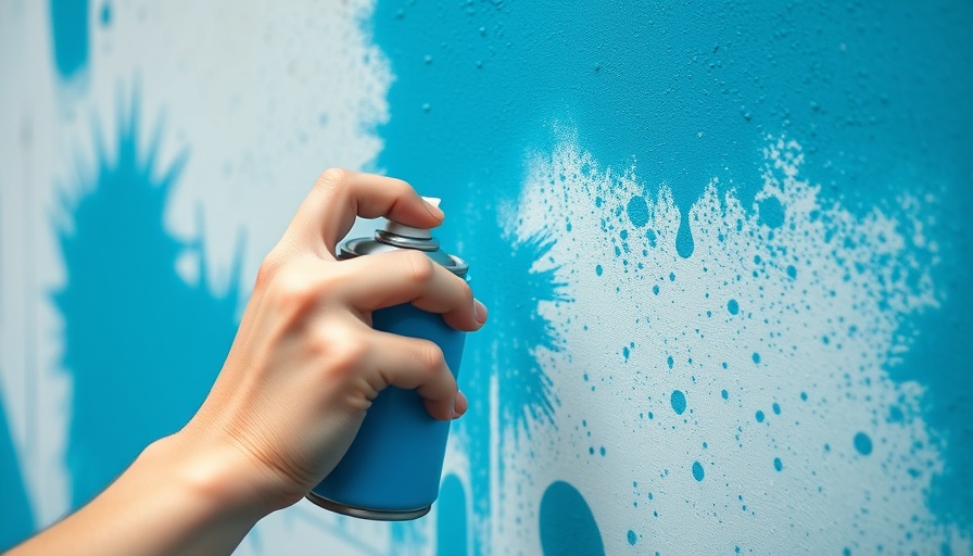 Close-up of hand spray painting a wall with blue paint demonstrating technique.