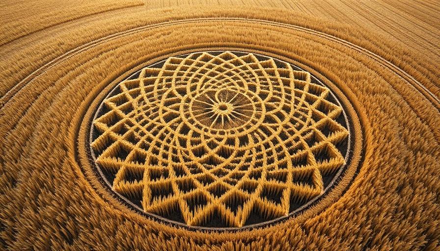 Intricate aerial view of crop circles in a golden wheat field