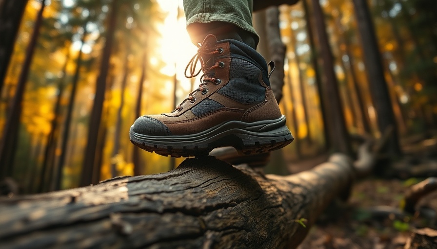 Hiking safety tips: Close-up of boot on log, forest background, warm sunlight.