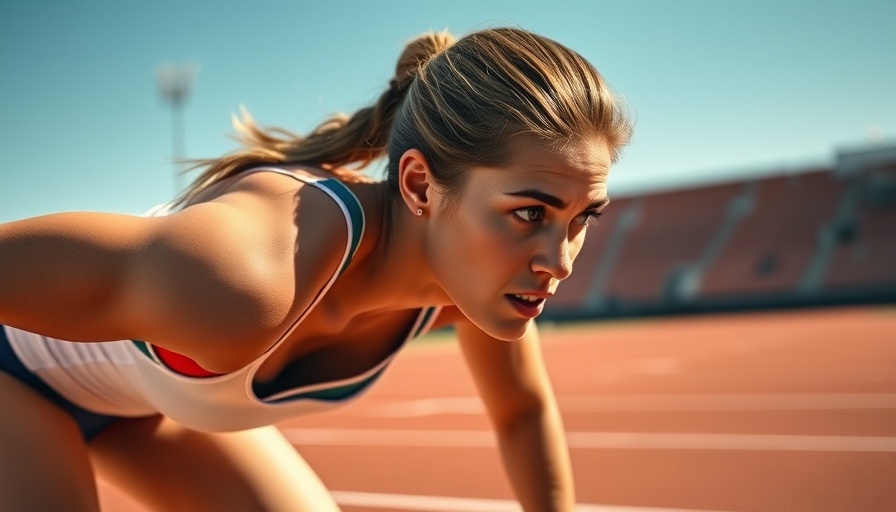 Focused female athlete preparing to sprint on summer track