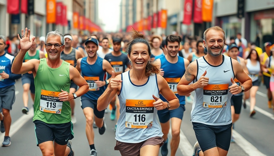 Marathon runners displaying victory signs embody holistic approach to running performance.