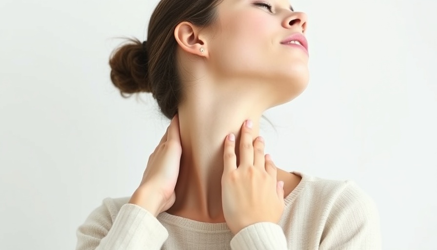 Woman practicing neck pain relief techniques with hand on neck.