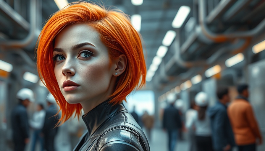 Futuristic woman in industrial setting, vibrant hair, lifelike detail.