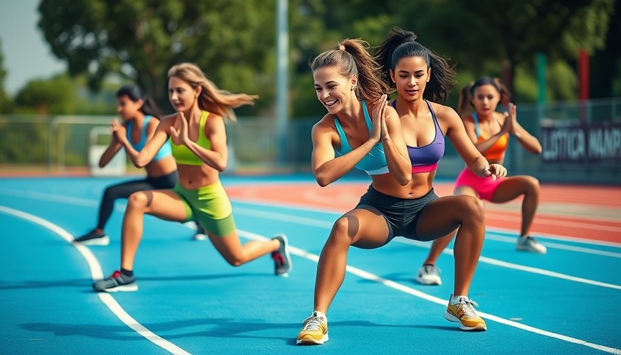 Colorful athletic women making exercise less boring with lunges on a track.