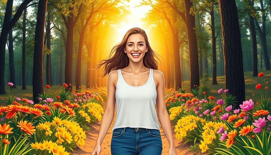 Reconnect with Your Higher Self: Young woman confidently walking on a vibrant forest path, cartoon style.