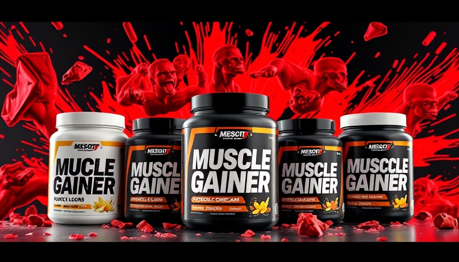 High-calorie muscle gainer supplements with premium ingredients display.