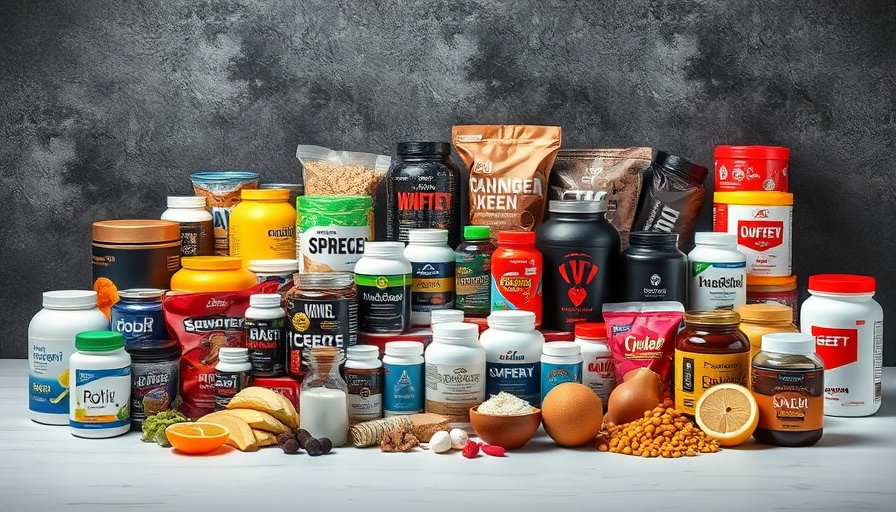 Various sports nutrition supplements on a white surface, highlighting diverse products.