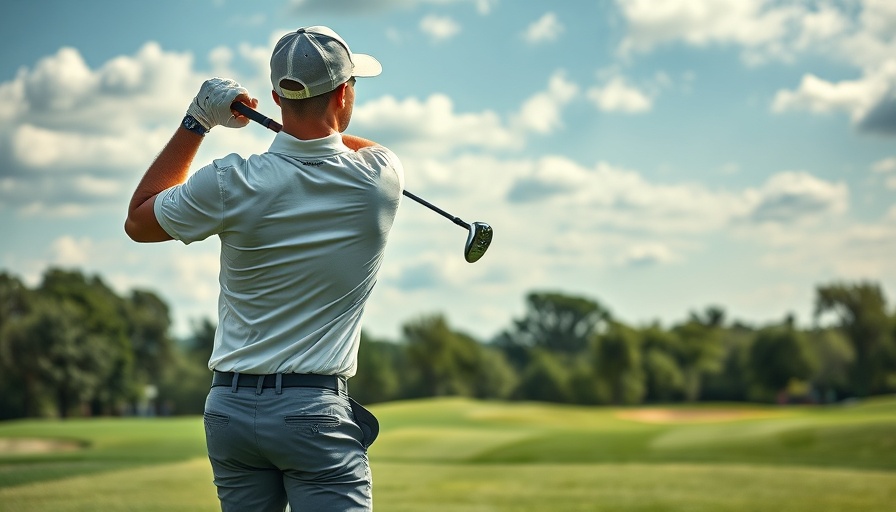 Golfer performing a swing on a vibrant golf course, clouds in the sky