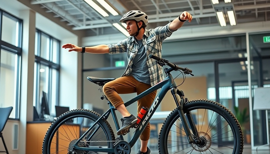 Mountain biker doing trail-side stretches indoors.