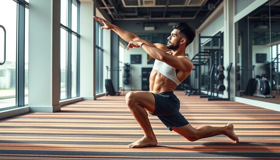 Athletic man performing side stretch on a yoga mat in a gym.