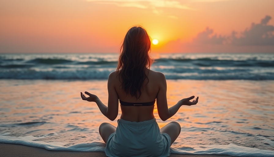 Warm-toned meditation artwork with ocean and calm woman.