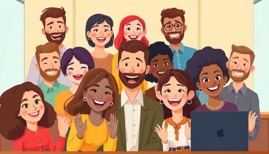 Colorful cartoon coworkers interacting in a virtual meeting illustration