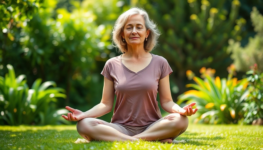 Mindful Menopause Guide: Woman meditating peacefully outdoors.