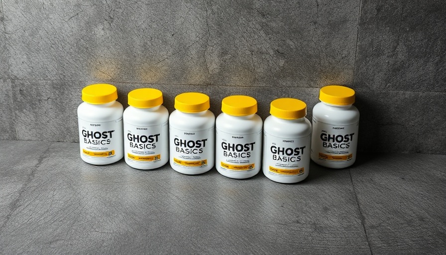 Vibrant GHOST Basics supplements with neon lids on gray surface