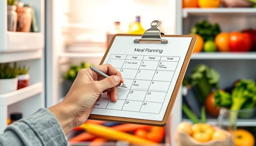 Hand writing meal plan on clipboard in front of open fridge; meal planning for athletes.