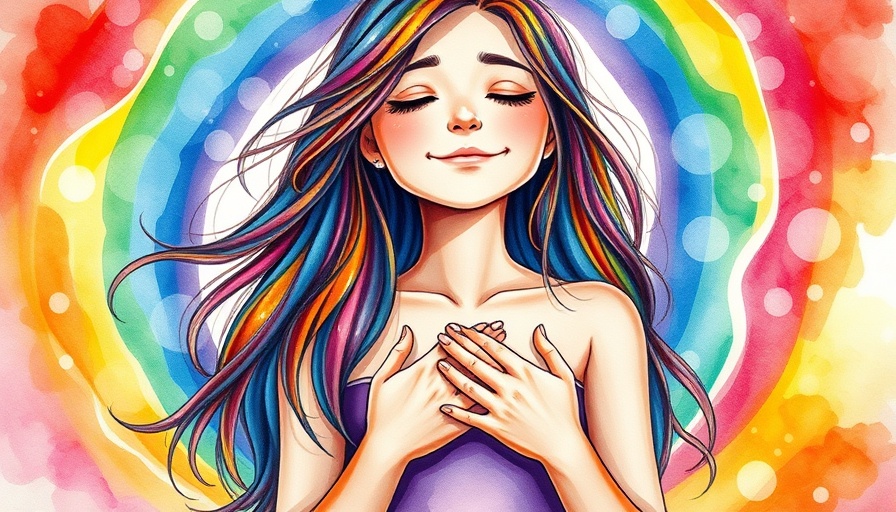 Colorful watercolor of an emotional, serene young woman surrounded by vibrant colors, representing emotional healing in sports and outdoor activities.