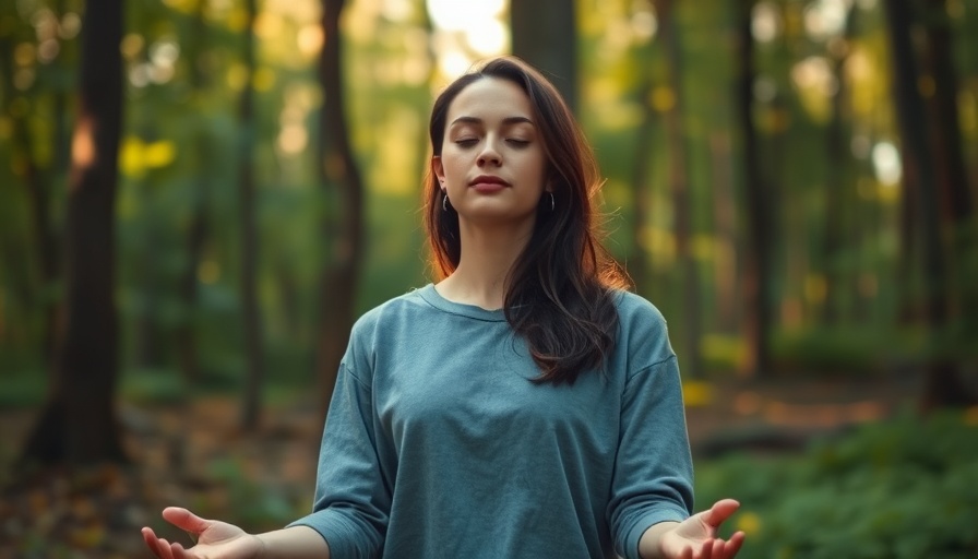 Calm woman meditating in forest, practicing mindfulness.