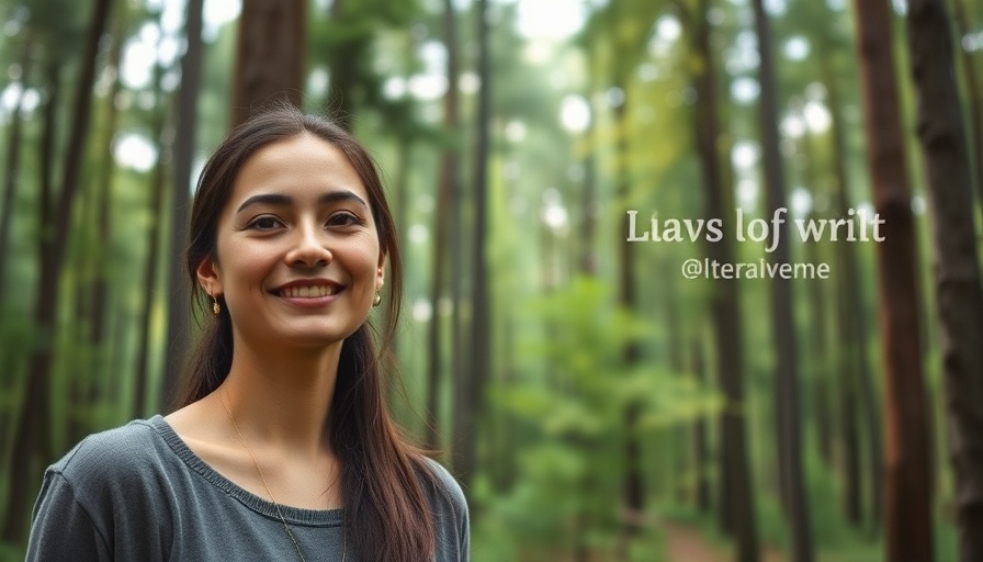 Serene woman smiling amidst lush forest setting, Connecting with Nature.