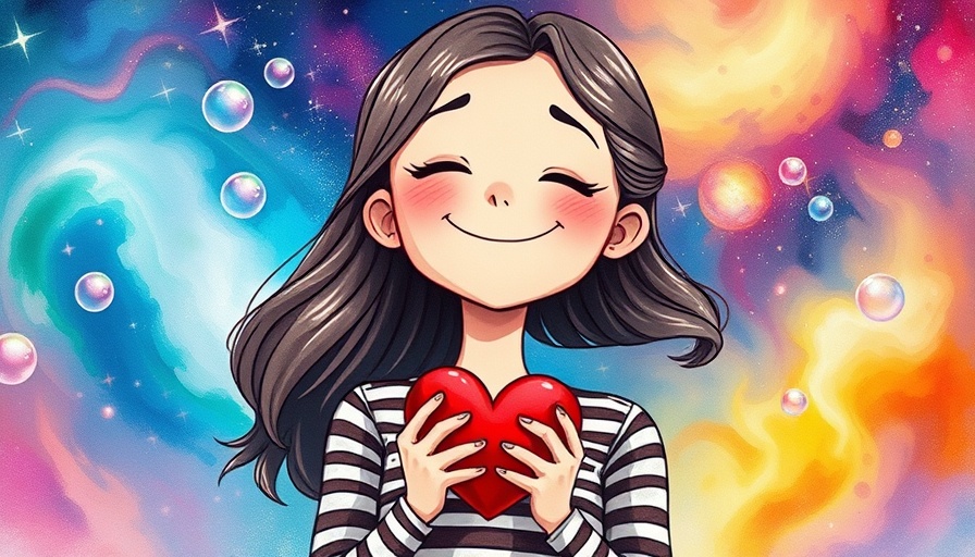 Cartoon woman in striped shirt holding a red heart.