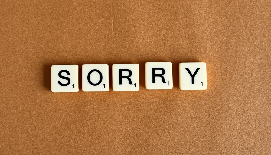 Tiles spelling 'sorry' on brown background.